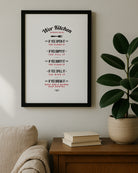 A black-framed 'Wor Kitchen' house rules poster sitting on a wooden sideboard.