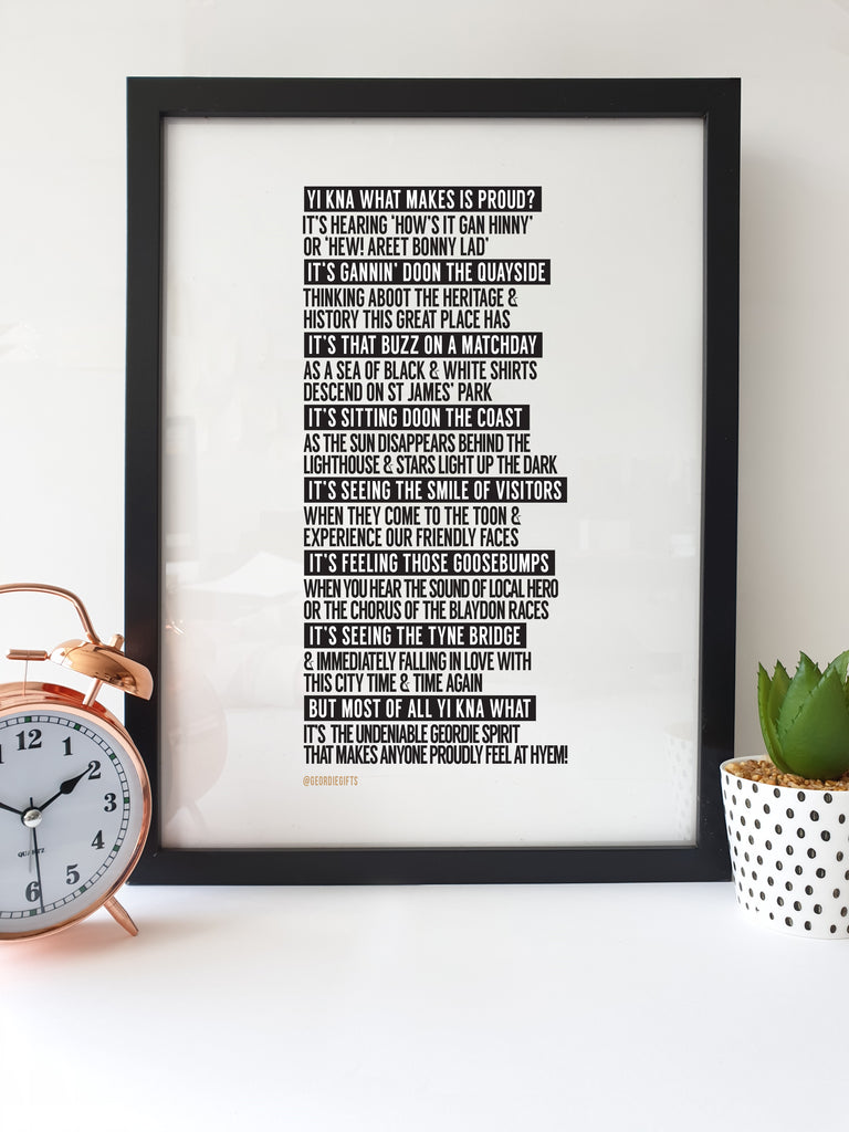 "Yi Kna What Makes Us Proud" Newcastle Geordie Poem Print | Geordie Gifts Artwork Featuring Iconic Local Phrases and Celebrating the Spirit of Newcastle.