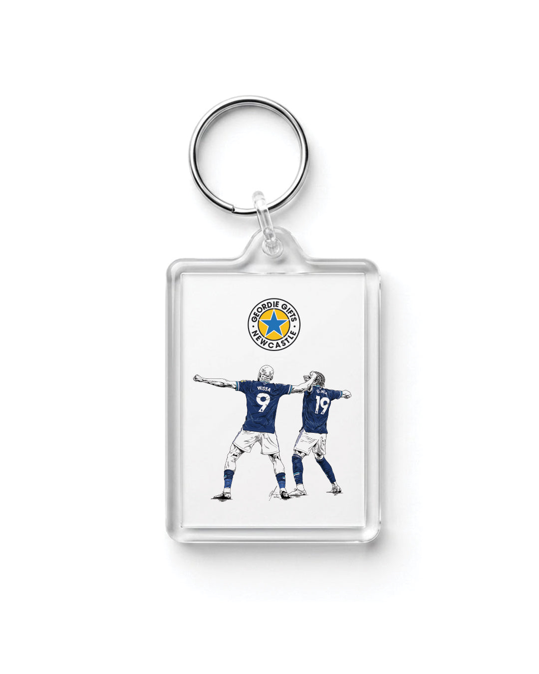 Clear acrylic Yoane Wissa and Anthony Elanga Newcastle United goal celebration keyring by Geordie Gifts on a plain white background.