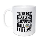 White ceramic 11oz mug featuring "You're My Super Lewis Hall" Newcastle United fan chant and Lewis Hall goal celebration illustration by Geordie Gifts.