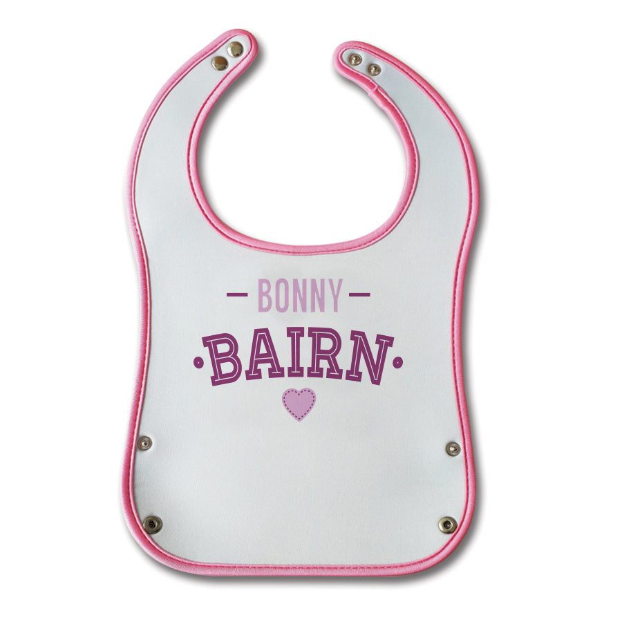 bonny bairn funny geordie baby bibs pink design with crumb or food catcher. Newcastle bib designed by geordie gifts. Northeast gifts for tourists