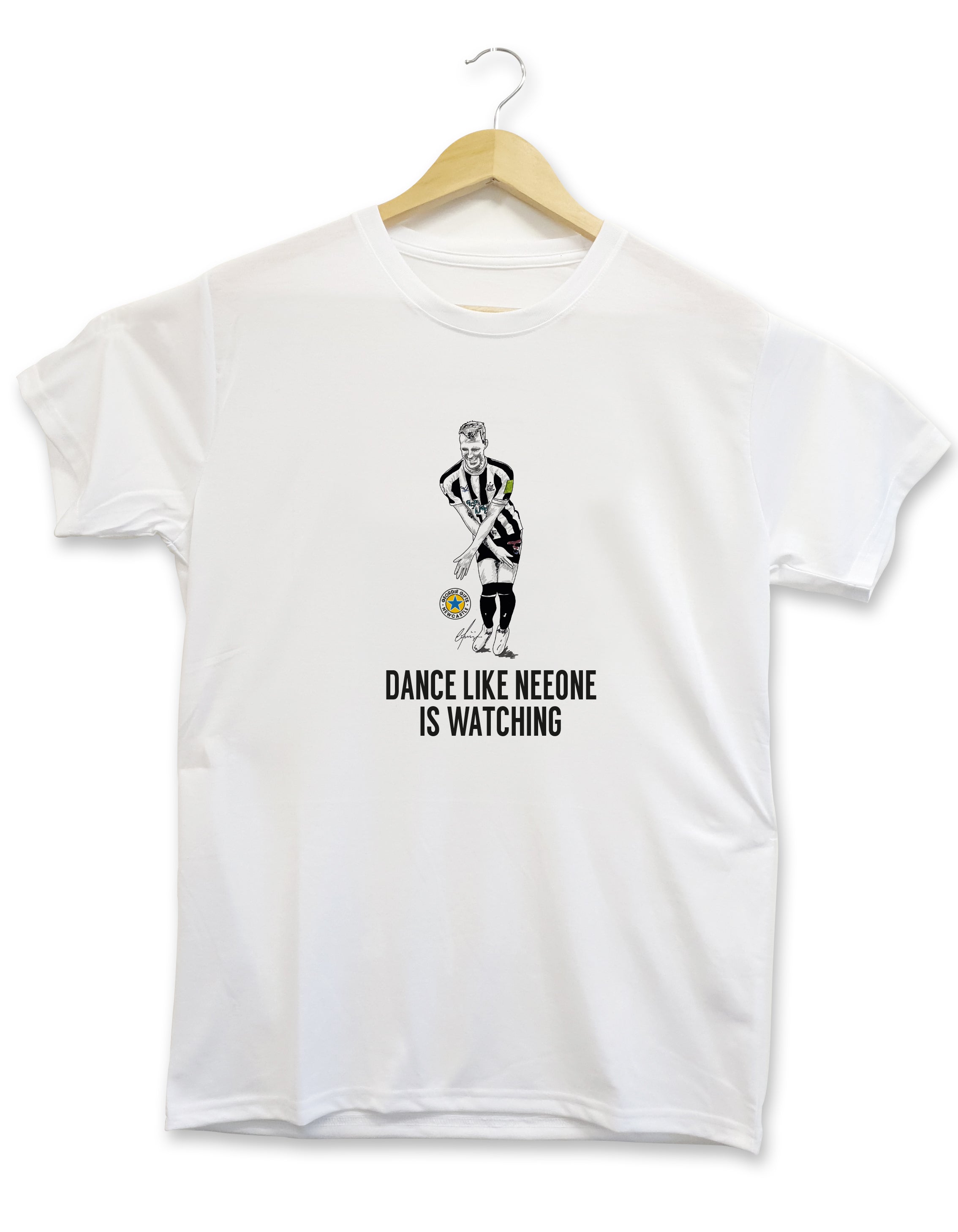 dan burn first newcastle united football club goal. Hand drawn illustration of him dancing in the changing rooms live on tv with the text dance like nee one is watching. perfect Toon Nufc kit for a supporter. Made & designed by geordie gifts