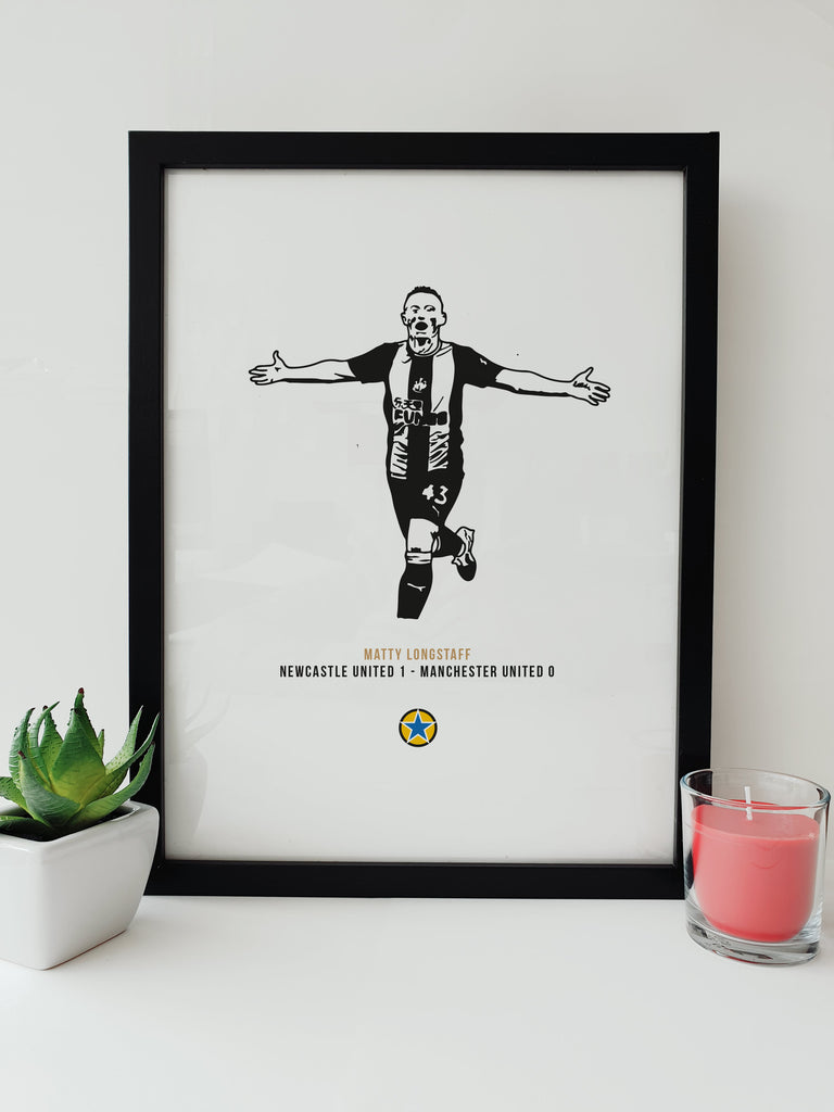 Matty Longstaff debut goal against manchester united hand drawn illustration for a newcastle united fan a3 framed print photo
