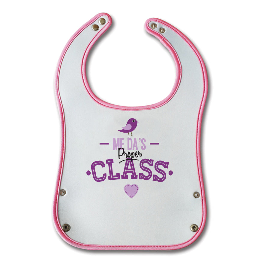 me Da's proper class funny geordie baby bib in pink for a new bairn girl. Newcastle baby gifts for geordies and parents