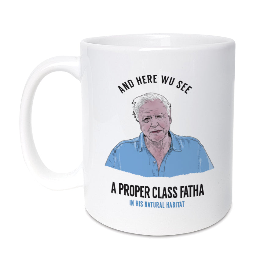 geordie gifts fathers day mug which reads And here we see a top class Fatha in his natural habitat (Features illustration of David Attenborough). Perfect Newcastle merchandise present for a Dad