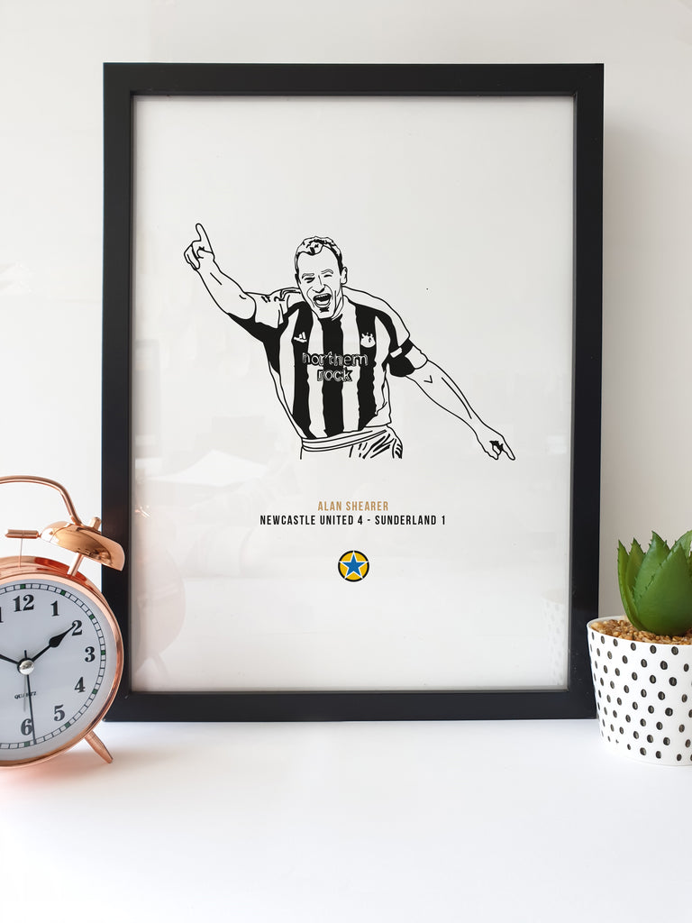 alan shearer black and white hand drawn illustration print celebrating his final ever newcastle united goal against sunderland in a 4 1 victory