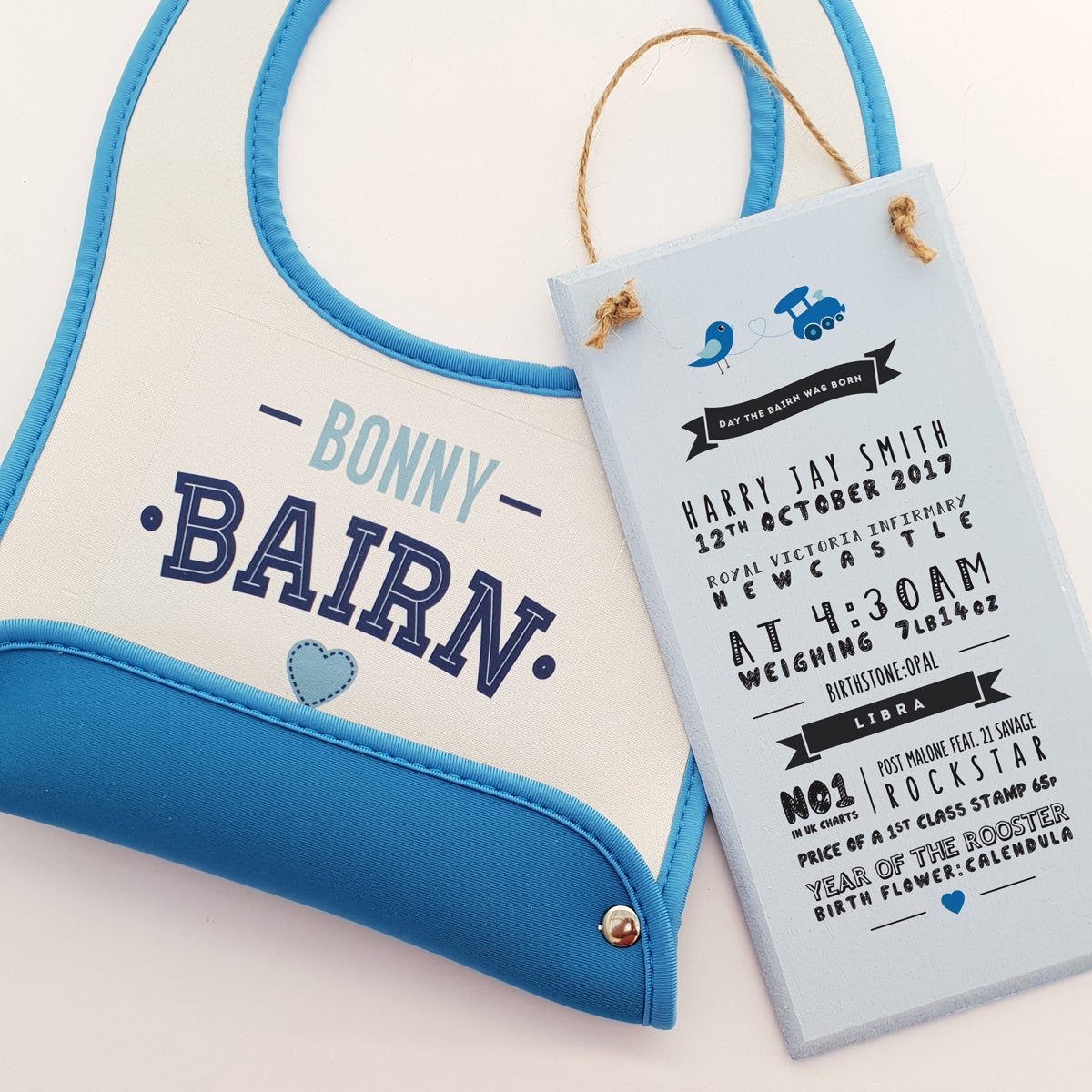 bonny bairn geordie phrase blue new born baby geordie bibs with crumb catcher. Day the bairn (baby) boy was born details print 