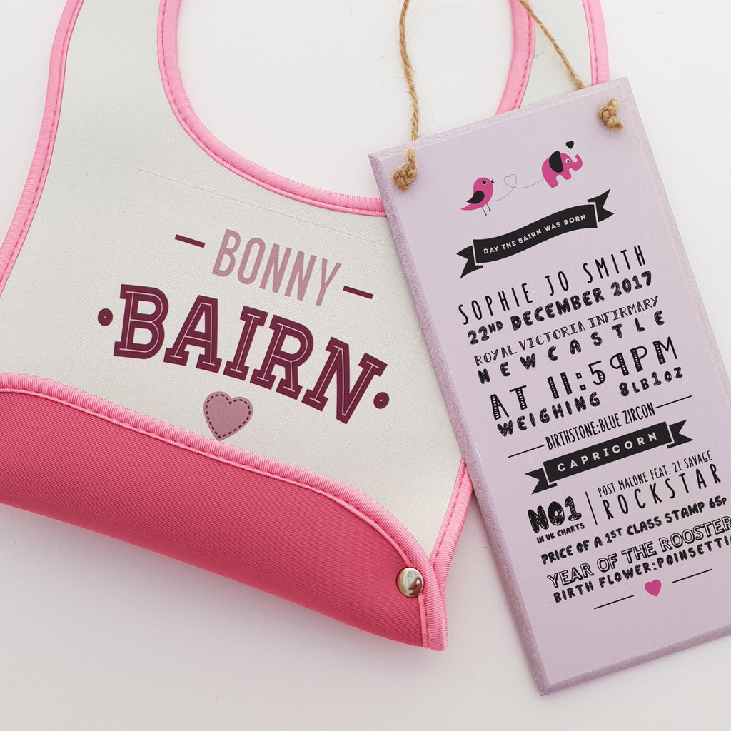 bonny bairn geordie phrase pink new born baby geordie bibs with crumb catcher. Day the bairn (baby) was born details print 