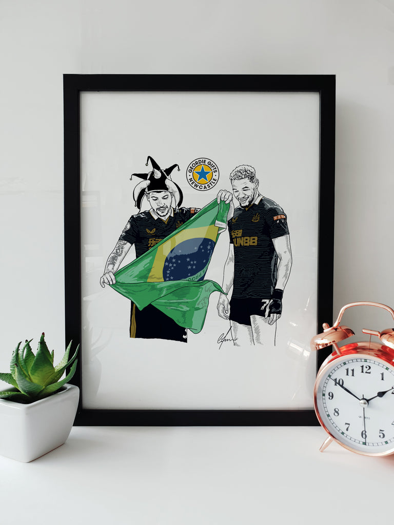 Bruno Guimarães & Joelinton A4 & A3 ARTWORK PRINT Displaying a hand drawn illustration of Newcastle United fan favourites Bruno Guimarães & Joelinton celebrating wearing the 'magic hat' & holding the Brazilian flag against Norwich City. 