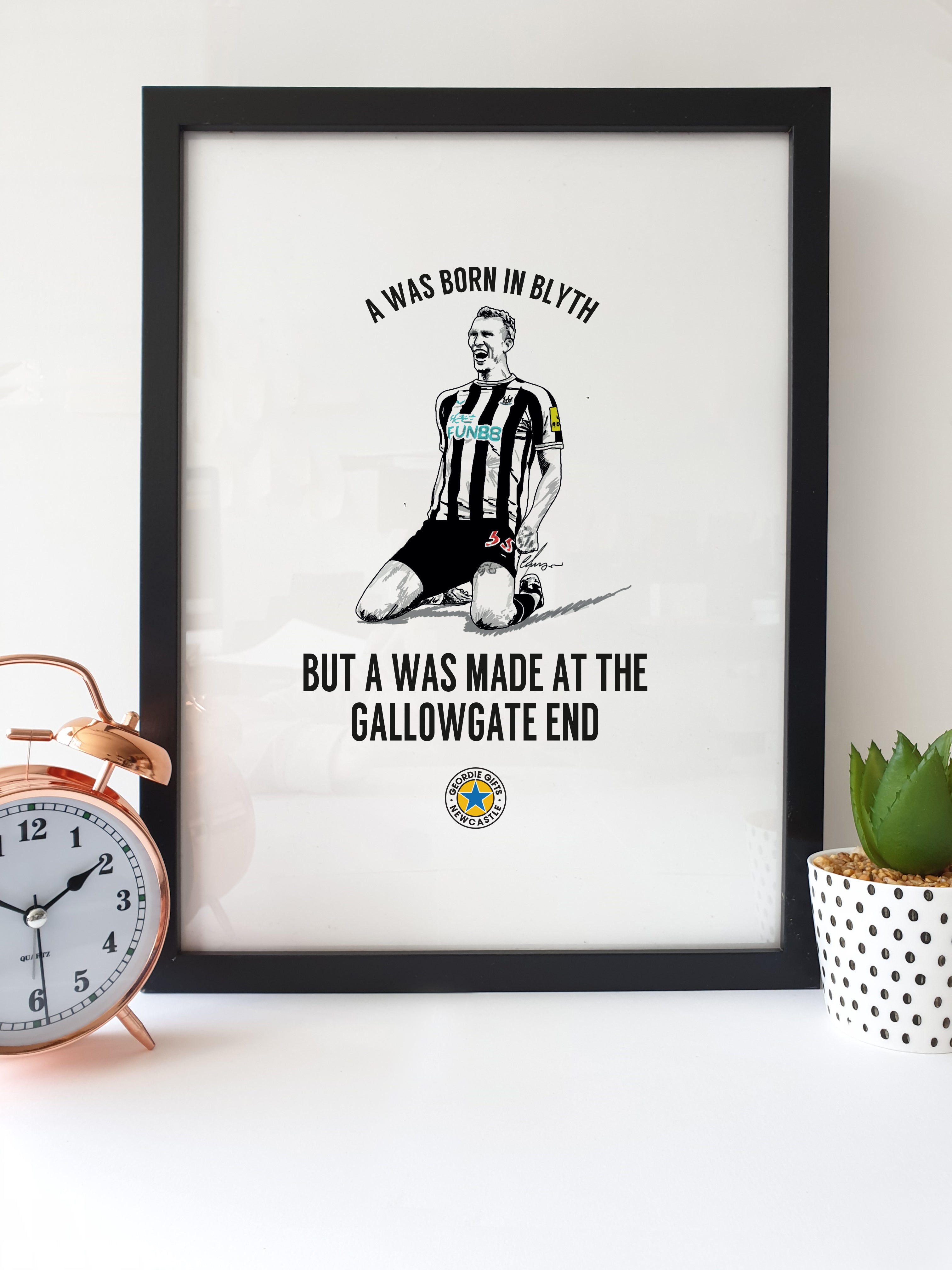 dan burn born in blyth made at the gallowgate end newcastle united football club shop print, poster & wall art designed by geordie gifts in the grainger market