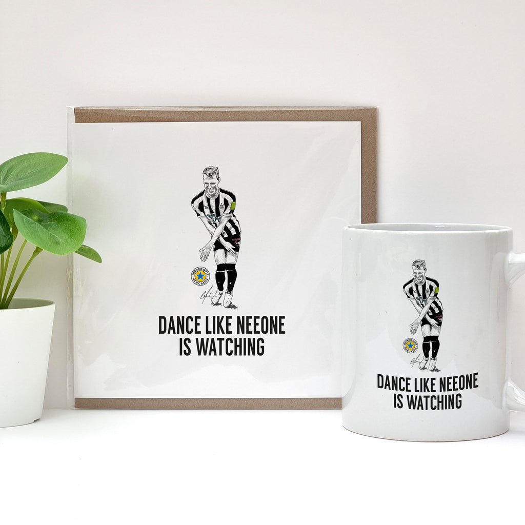 newcastle united football club shop cards and gifts with a hand drawn illustration of dan burn celebrating scoring his first goal at st james park with the text 'dance like neeone is watching' designed by geordie gifts