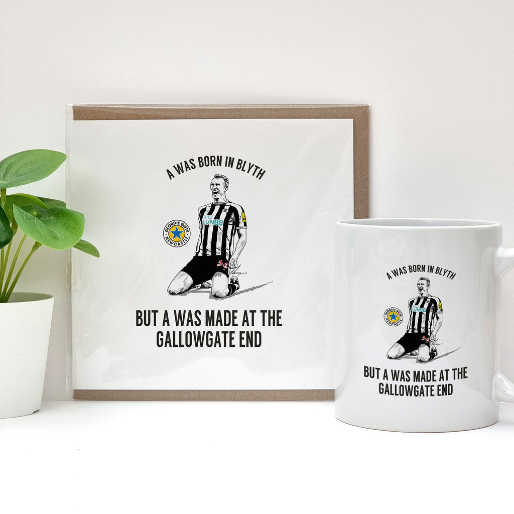 dan burn goal celebration at st james park. born in blyth made at the gallowgate end newcastle united football club shop cards, mugs designed by geordie gifts