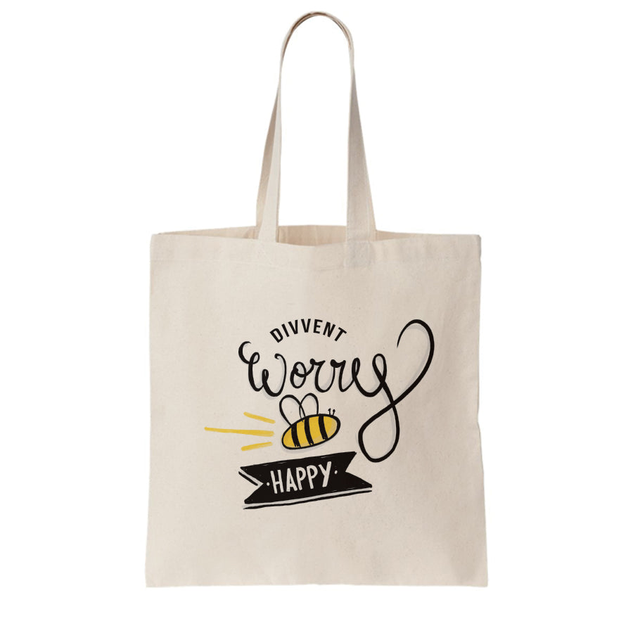 divvent worry BEE happy geordie gifts tote bag for life made and designed in newcastle upon tyne north east