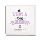 funny geordie dialect new born baby greeting card designed & made in Newcastle, North East by Geordie Gifts. Card reads: Eee what a bonny bairn am owa the moon for yis. Pink & black colours are used.