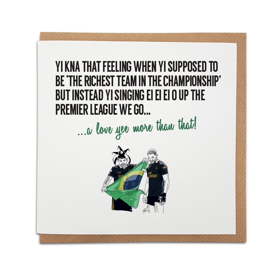 ei ei ei o up the premier league we go Bruno Guimarães & Joelinton Brazil flag and magic hat funny newcastle united birthday card designed by geordie gifts
