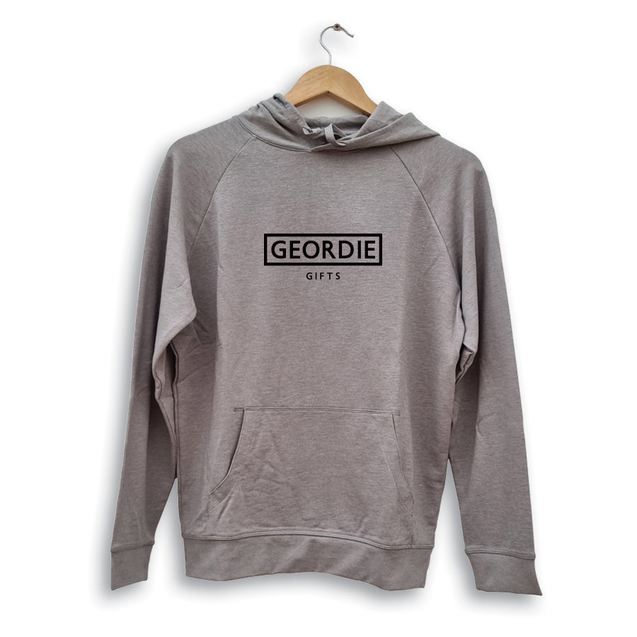 OFFICIAL GEORDIE GIFTS BRAND LOGO HOODIE NEWCASTLE MERCH AND MERCHANDISE MADE IN THE CITY CENTRE, GRAINGER MARKET CARD SHOP