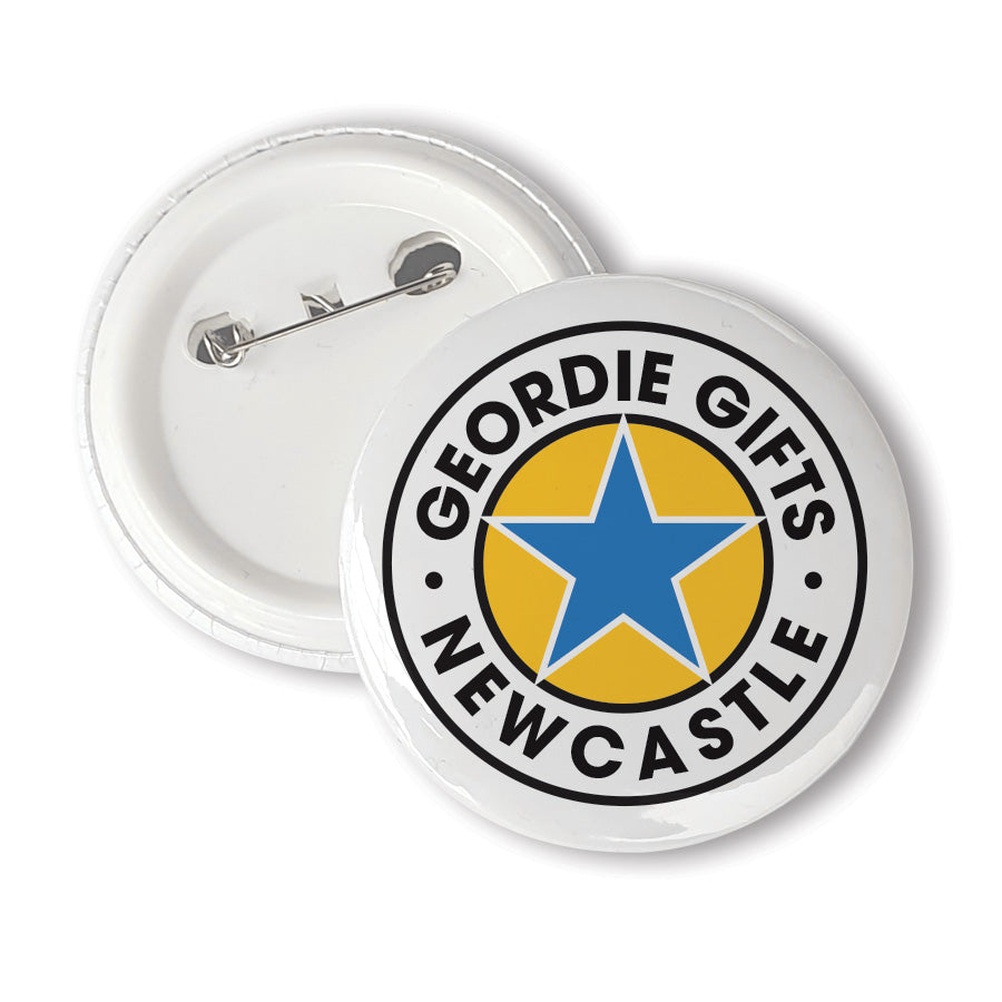A unique 58mm badge designed & made in Newcastle by Geordie Gifts.  Badge reads: Geordie Gifts - Newcastle. Northeast Souvenirs & merchandise with popular phrases and sayings
