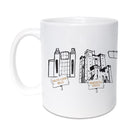 Geordie gifts mug. hand drawn illustrations of the baltic flour mills, newcastle castle, castle keep artwork. Newcastle landmarks & buildings