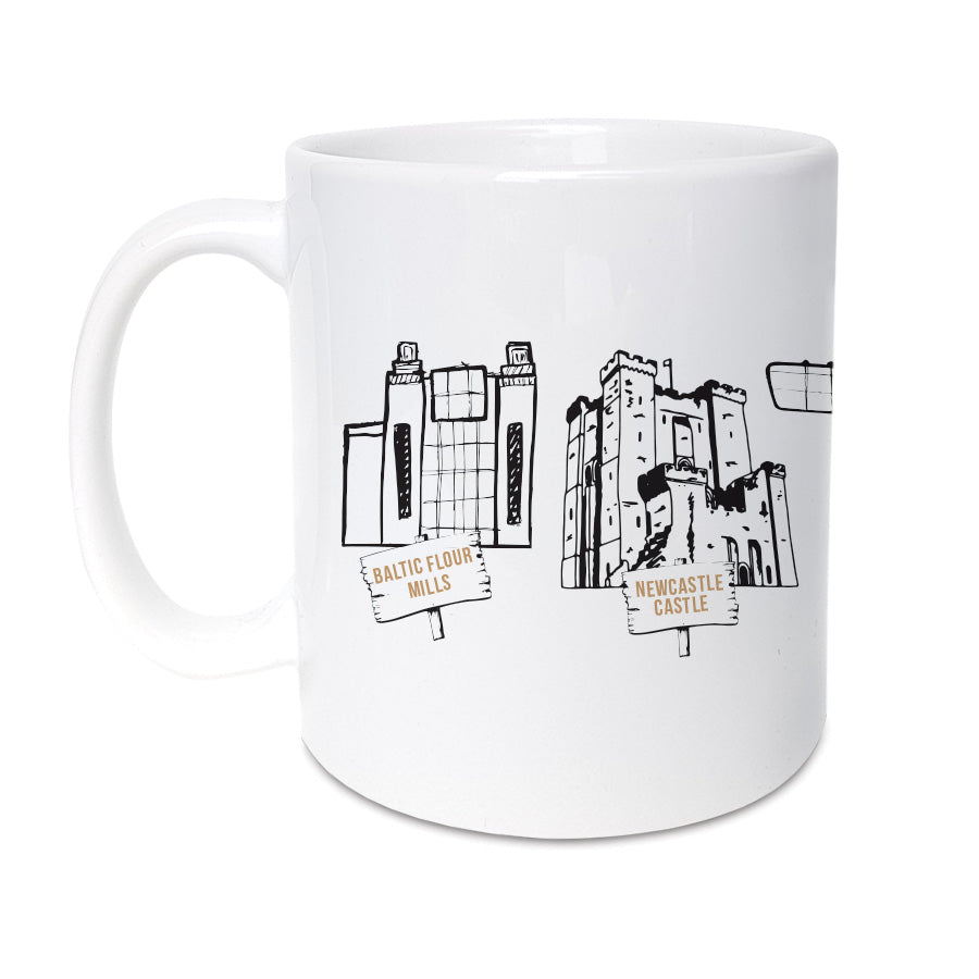 Geordie gifts mug. hand drawn illustrations of the baltic flour mills, newcastle castle, castle keep artwork. Newcastle landmarks & buildings