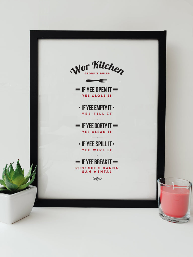 original & unique geordie kitchen rules. Funny newcastle gifts framed print design