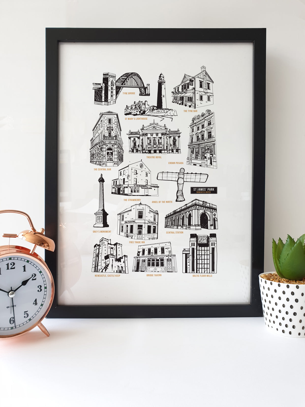 This Geordie print features hand drawn illustrations of Newcastle & North East local landmarks & pubs. tyne bridge, angel of the north, greys monument, tyne bar, free trade inn, bodega, crown posada, bridge tavern