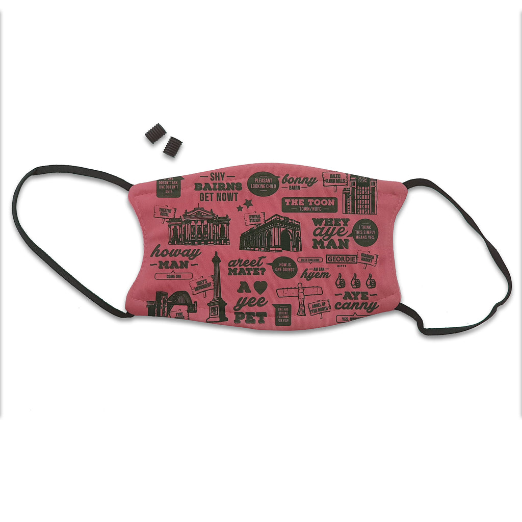 pink newcastle and geordie themed face mask and covering Mask reads: This face mask beautifully displays hand drawn illustrations of popular North East landmarks such as the Tyne Bridge & hilarious translations of some of the most common Geordie phrases such as shy bairns get nowt & more.