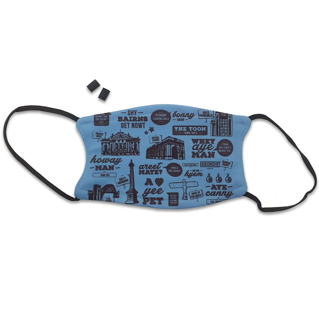 blue geordie and newcastle face mask. Mask reads: This mask displays hand drawn illustrations of popular North East landmarks & hilarious translations of some of the most common Geordie phrases.