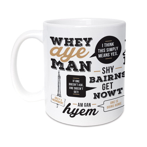 popular newcastle and geordie phrases translated. Unique gifts for geordies mug