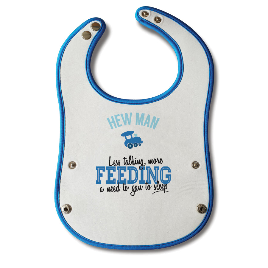 Hew man less talking more feeding a need to gan to sleep. Funny geordie baby bib blue boy (bairn) newcastle popular phrases