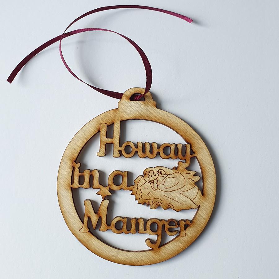 Howay in a manger newcastle upon tyne geordie christmas tree decoration baubles