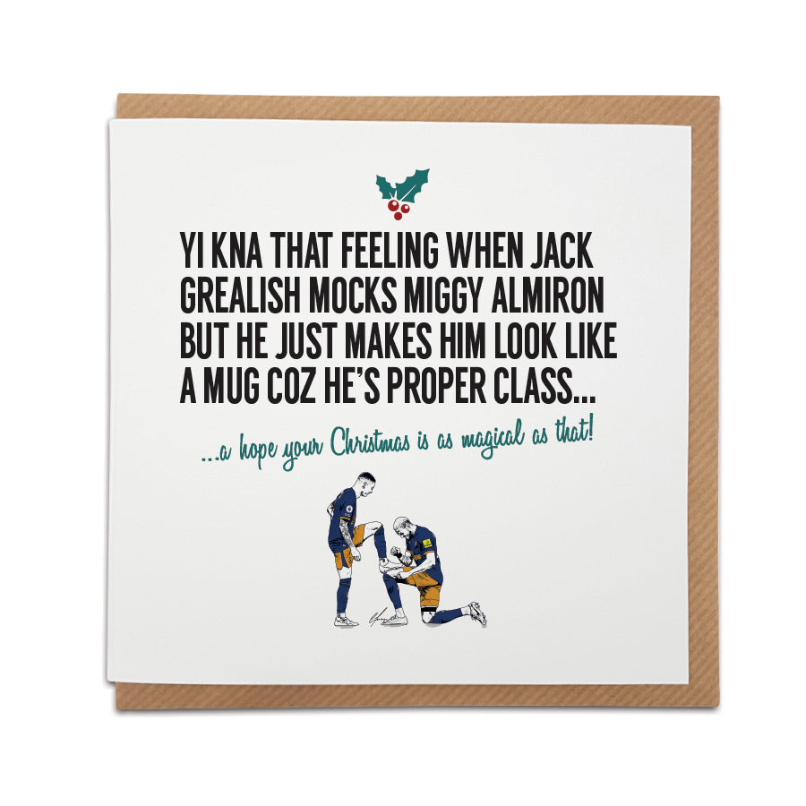 geordie newcastle united football club themed christmas card based on jack grealish mocking miggy almiron. Card displays almiron and joelinton celebrating after scoring against tottenham hotspur, designed by geordie gifts