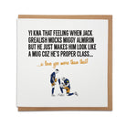 funny newcastle united football club themed greetings card featuring miguel miggy almiron and joelinton celebrating with the words of jack grealish after mocking him. Designed by geordie gifts