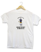 Newcastle unnited football kit strip top wembley cup final desiged by geordie gifts T-shirt design displaying a hand drawn illustration of Newcastle United player Jacob Murphy hilariously waving a Southampton player off the pitch after being sent off during the semi final of the Carabao cup. Features the wording 'Waving to yi Ma knowing you won't be home for tea'