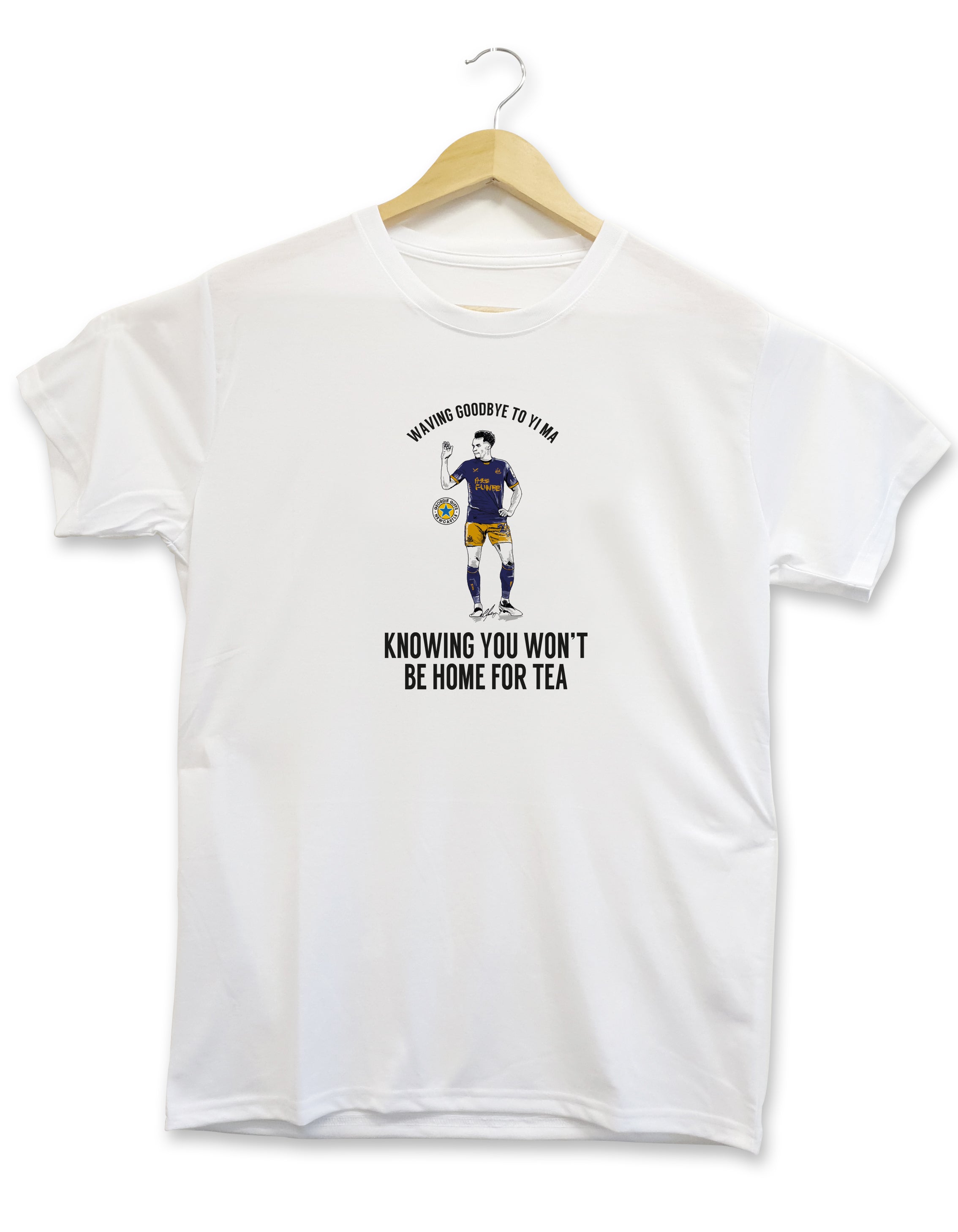 Newcastle unnited football kit strip top wembley cup final desiged by geordie gifts T-shirt design displaying a hand drawn illustration of Newcastle United player Jacob Murphy hilariously waving a Southampton player off the pitch after being sent off during the semi final of the Carabao cup. Features the wording 'Waving to yi Ma knowing you won't be home for tea'