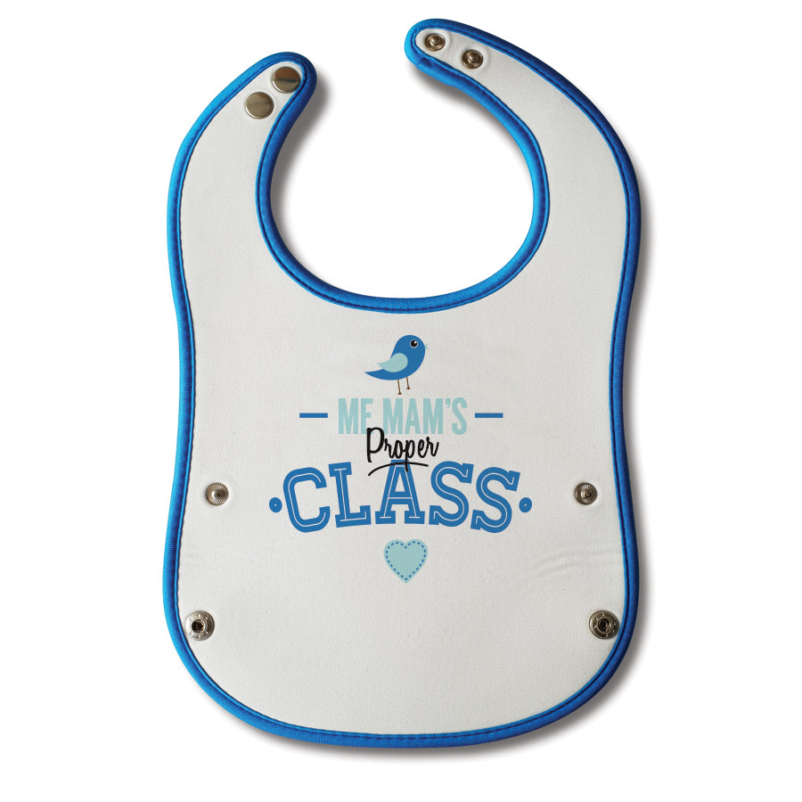 me mams proper class. Baby boy blue geordie baby bib. Designed and made in newcastle by geordie gifts. Northeast phrases childrens clothing