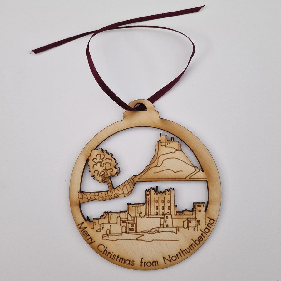 merry christmas from northumberland wooden tree bauble decoration etched with sycamore gap, bamburgh castle made by geordie gifts card shop grainger market