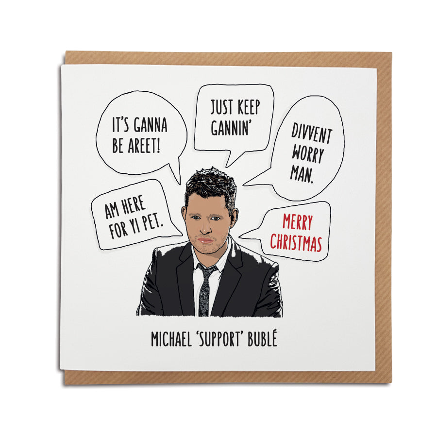 michael support buble funny geordie gifts christmas card newcastle grainger market