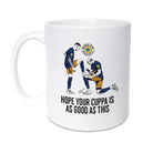 picture illustration of miguel miggy almiron and joelinton celebrating after scoring against tottenham hotspur. Design features on a newcastle united football club coffee cup mug designed by geordie gifts