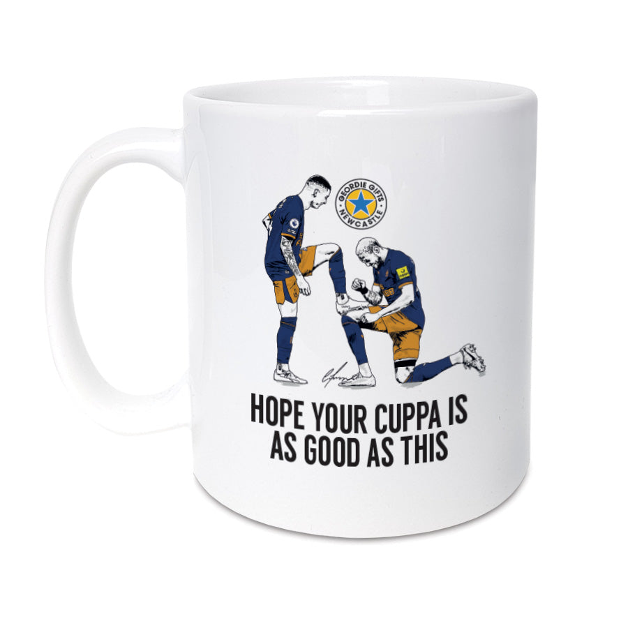 picture illustration of miguel miggy almiron and joelinton celebrating after scoring against tottenham hotspur. Design features on a newcastle united football club coffee cup mug designed by geordie gifts