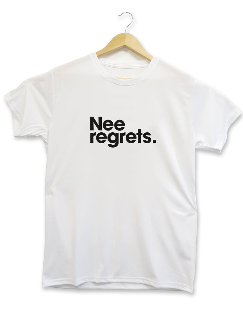 newcastle clothing with geordie gifts slogan and motivational quote 'nee regrets' (no regrets)