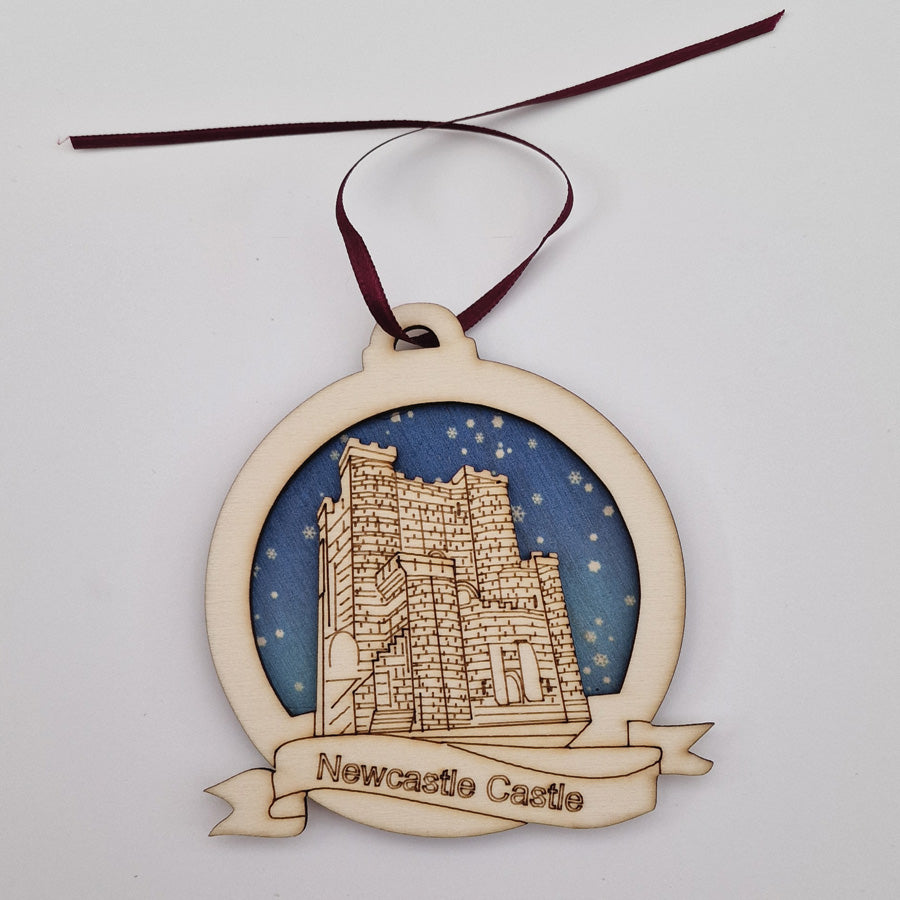newcastle castle keep historical landmark etched wooden christmas tree decoration geordie gifts grainger market