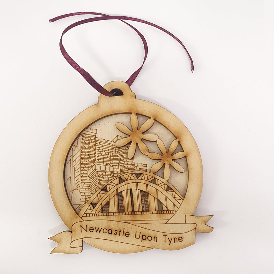 Unique High Quality Lazer Cut Geordie Christmas Tree Decoration Baubles  Bauble displays: Etched illustration of the Tyne Bridge & the Castle keep in the background. by craft sensations