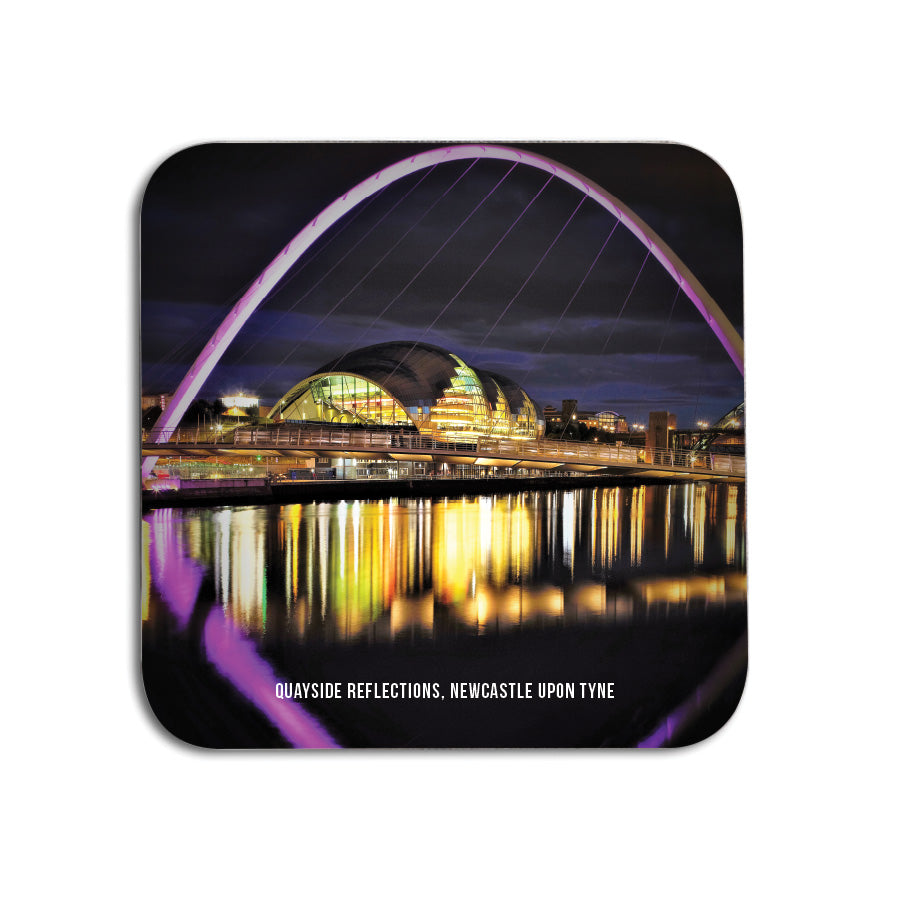 Unique Geordie Gifts Coaster, designed & made in Newcastle.  Coaster displays: A high quality photo of the Newcastle Upon Tyne famous Quayside at night, featuring the Millennium Bridge & the Gateshead sage reflecting on the river Tyne.