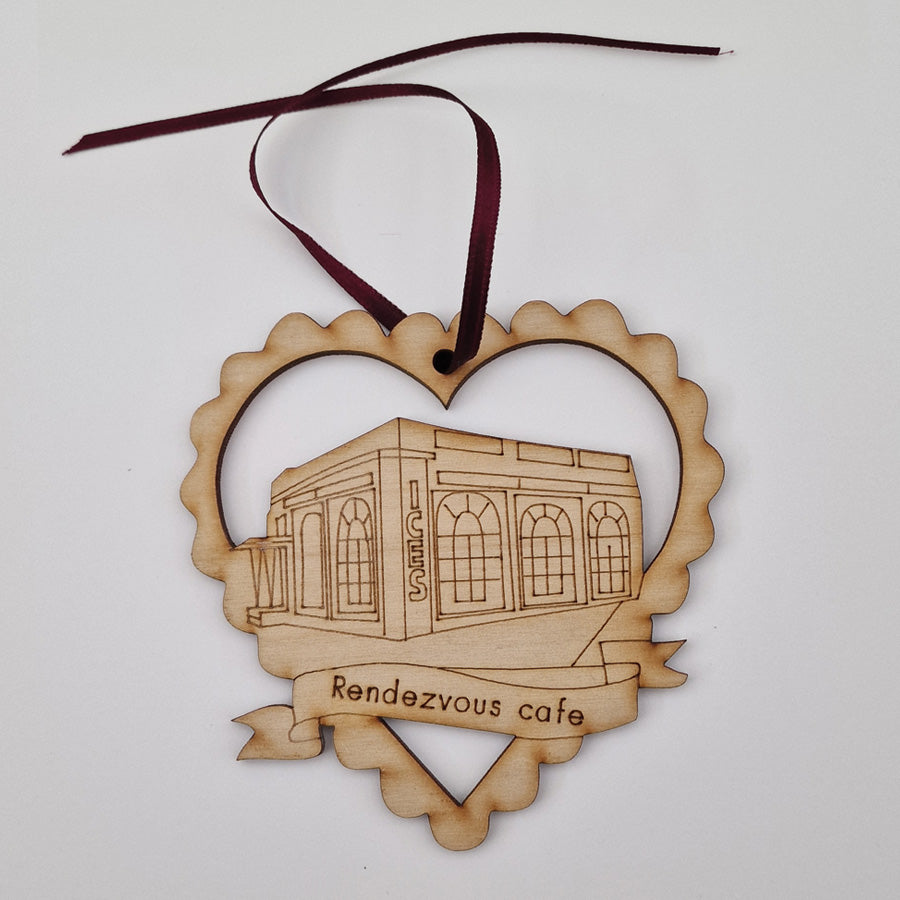 Ices geordie gifts christmas tree decoration bauble Etched illustration of the Rendezvous cafe in Whitley Bay.