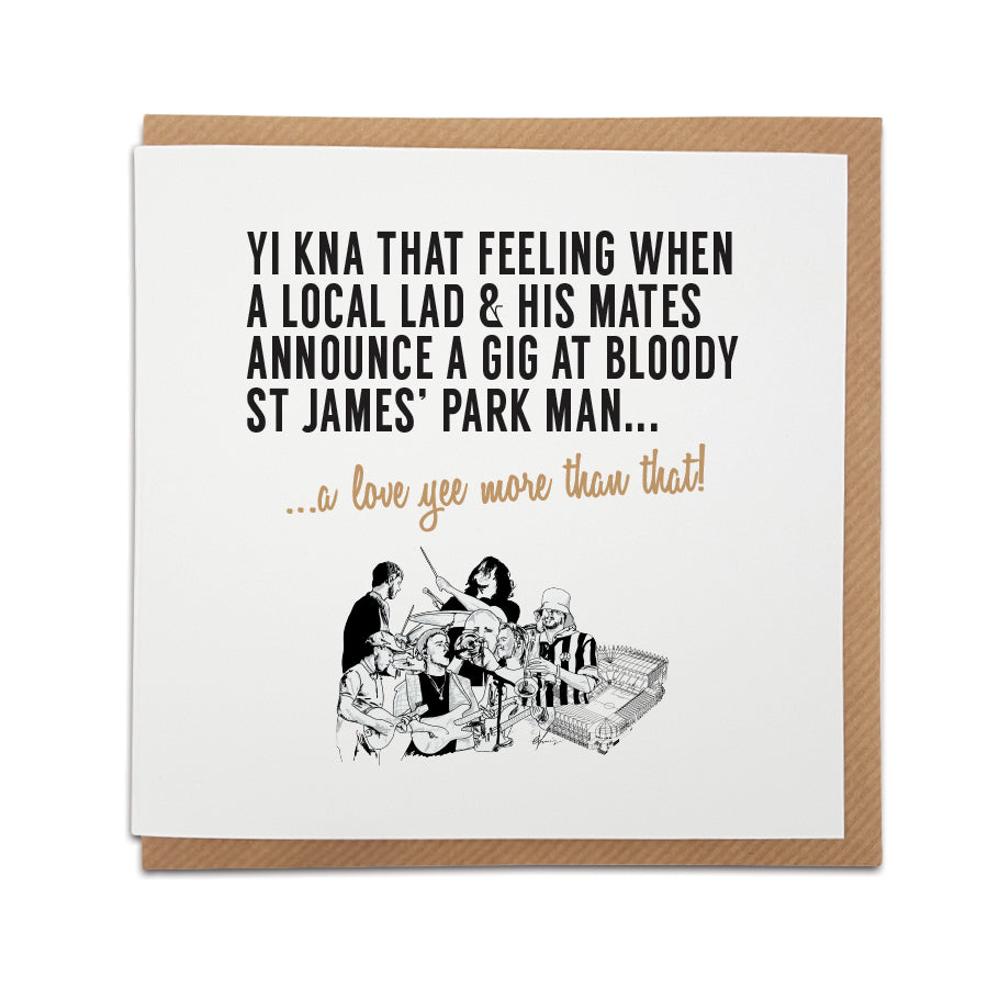 sam fender birthday greetings card merchandise for his st james's park newcastle united stadium gig announced for same date as blaydon races. Funny card designed by Geordie Gifts in the Grainger Market