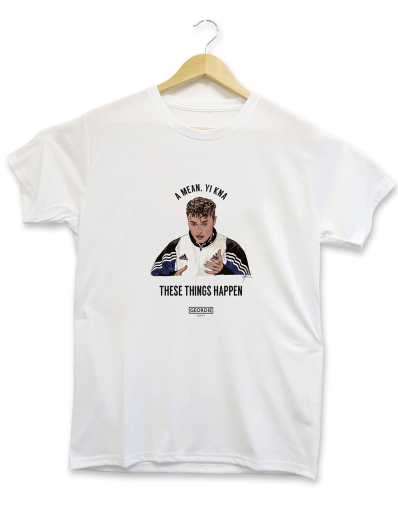 Sam Fender merchandise 'these things happen' quote from his live tv interview where he appeared drunk & hungover the morning after celebrating Newcastle United's takeover. Funny T-shirt designed & made by Geordie Gifts