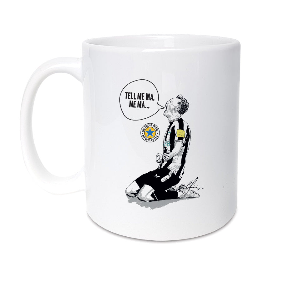 sean longstaff illustration drawing on a newcastle united football club themed mug with the words and lyrics from NUFC fans 'tell me Ma, me Ma' designed and made by geordie gifts in the north east. Picture is from the goal celebration which sent United through to the final of the cup at wembley