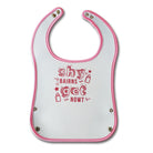 Shy Bairns Get Nowt Geordie Baby bib with crumb catcher. Easy wash pink girl newcastle gift shop grainger market
