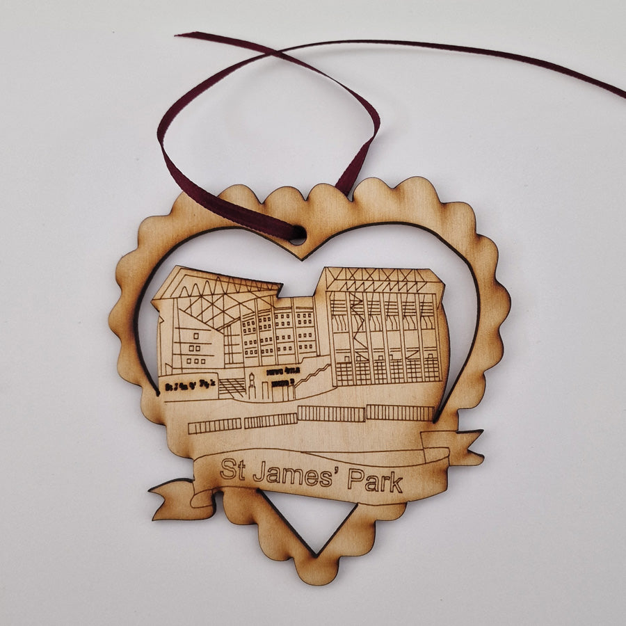 newcastle united football club stadium ground etched wooden christmas tree decoration bauble geordie gifts grainger market