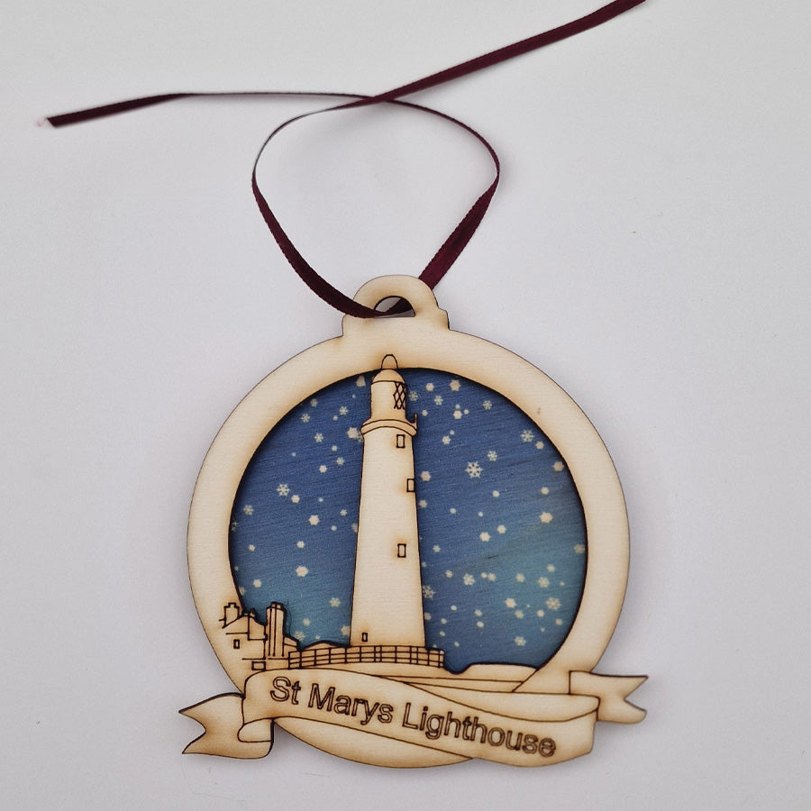 st marys lighthouse whitley bay at night starry sky snowflakes geordie gifts north tyneside landmarks christmas tree bauble decoration grainger market